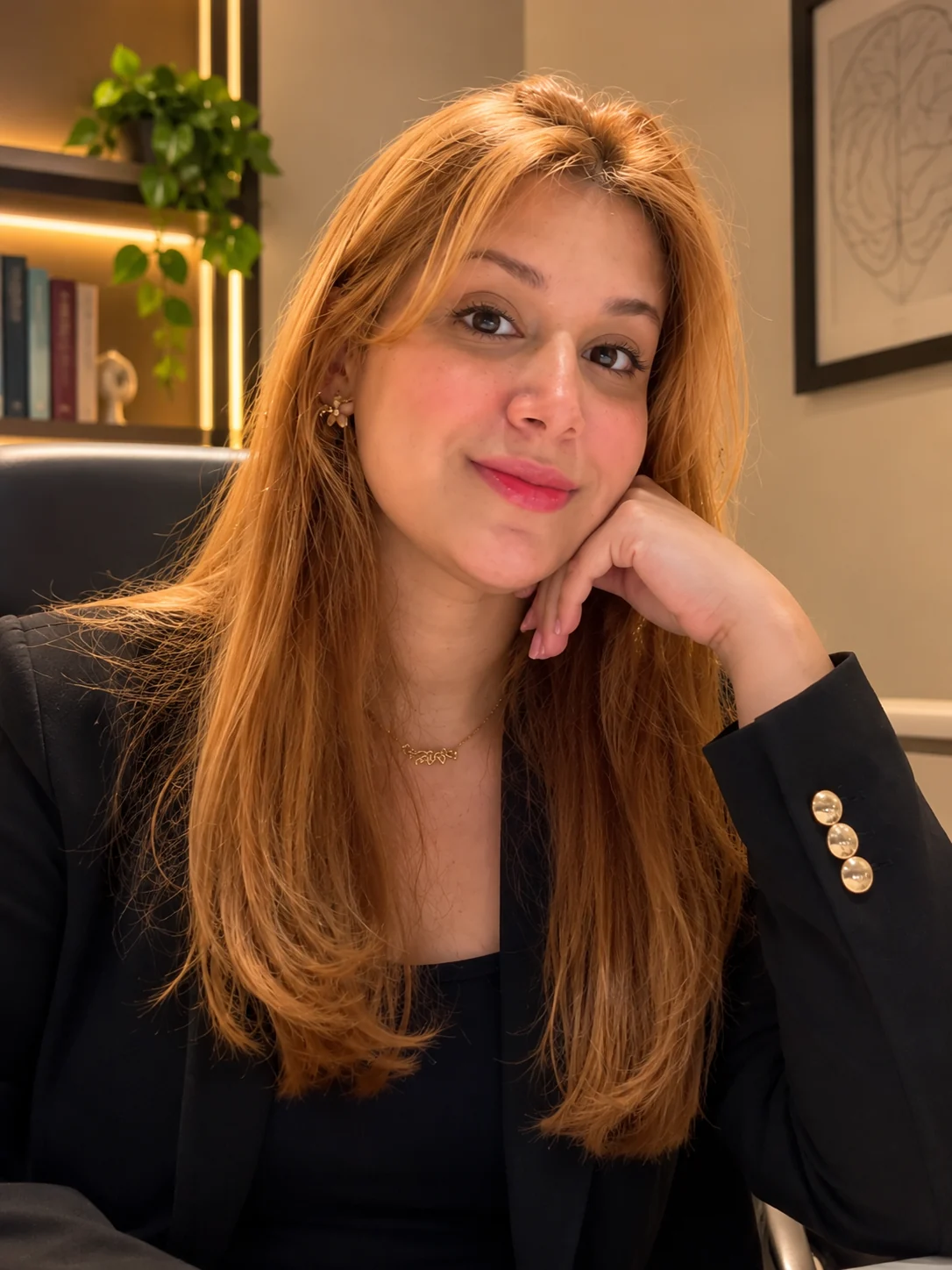 Rebeca Barroso Ponciano, psicóloga clínica e neuropsicóloga, sentada em seu consultório